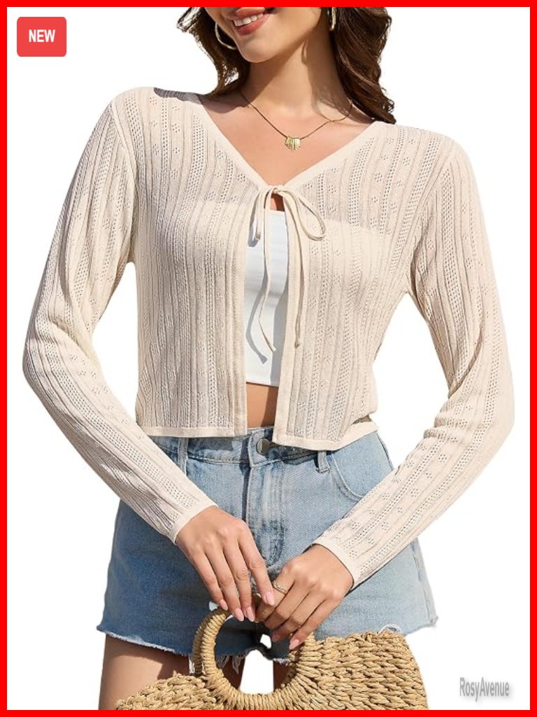 Tie Front Cropped Cardigan Sweater Striped Knit Long Sleeve V-Neck Shrug Open